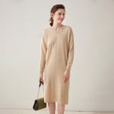 Womens Cashmere Knit Midi Dress Long Sleeve V Neck Straight - cut Dress Beige XS