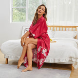 Womens Silk Kimono Crane Print Long Silk Robe Kimono Silk Red One size fits most