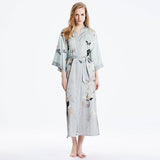 Womens Silk Kimono Butterfly Print Kimono Silk Wide Sleeves Silk Robe Gray One size fits most