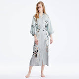 Womens Silk Kimono Butterfly Print Kimono Silk Wide Sleeves Silk Robe Gray One size fits most