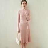 Womens Mock Neck Long Sleeve Ribbed Knit Cashmere Midi Dress Pink XS