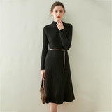 Womens Mock Neck Long Sleeve Ribbed Knit Cashmere Midi Dress Black XS