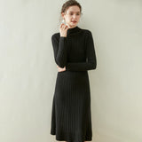 Womens Mock Neck Long Sleeve Ribbed Knit Cashmere Midi Dress Black XS