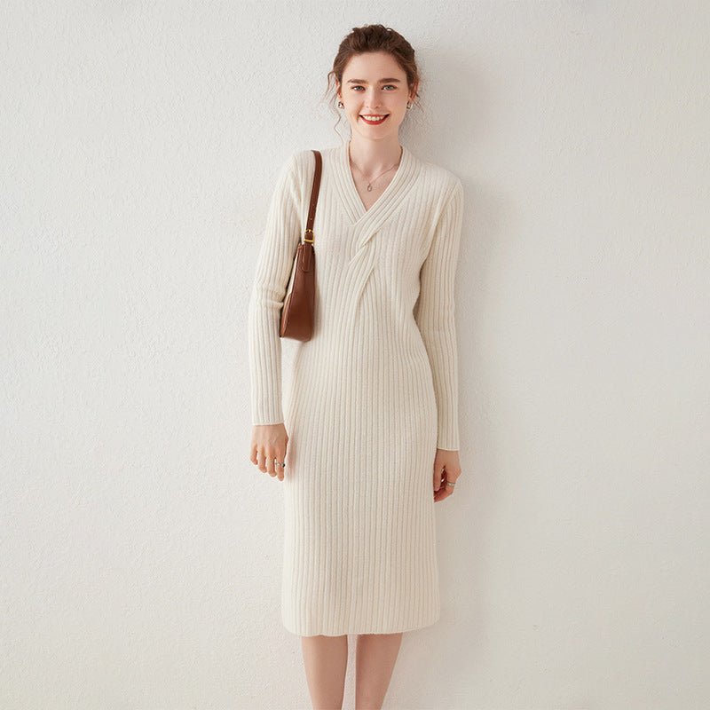 Womens Cashmere Ribbed Knit Midi Dress Long Sleeve V Neck Wrap Dress Ivory XS