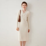 Womens Cashmere Ribbed Knit Midi Dress Long Sleeve V Neck Wrap Dress Ivory XS