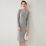Womens Cashmere Ribbed Knit Midi Dress Long Sleeve V Neck Wrap Dress Gray XS
