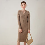 Womens Cashmere Ribbed Knit Midi Dress Long Sleeve V Neck Wrap Dress Taupe XS