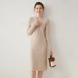 Womens Cashmere Ribbed Knit Midi Dress Long Sleeve V Neck Wrap Dress Beige XS