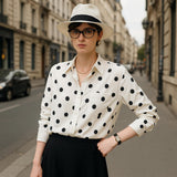 Womens Long Sleeve Silk Shirt Polka Dot Button - Up Silk Blouse Ivory XS