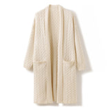 Womens Long Cable Knit Cashmere Cardigan Open Front Coat With Pockets Ivory One size fits most