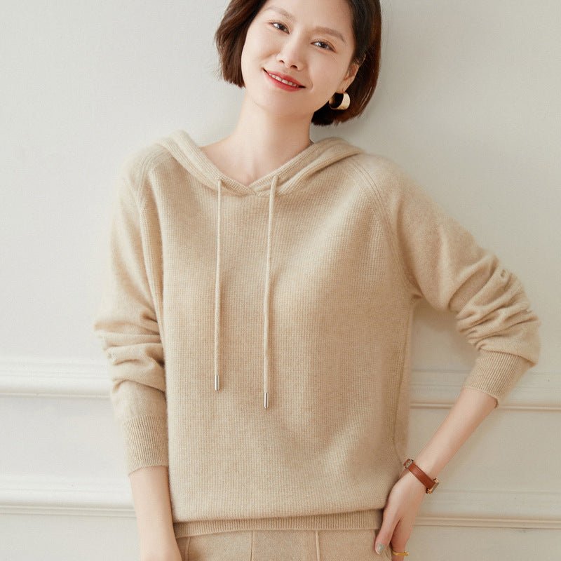 Women Long Sleeve Cashmere Hoodie Knit Cashmere Hoodie With Drawstring Beige XS