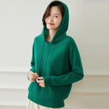 Women Long Sleeve Cashmere Hoodie Knit Cashmere Hoodie With Drawstring Green XS