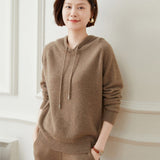 Women Long Sleeve Cashmere Hoodie Knit Cashmere Hoodie With Drawstring Taupe XS