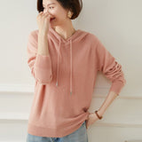 Women Long Sleeve Cashmere Hoodie Knit Cashmere Hoodie With Drawstring Pink XS