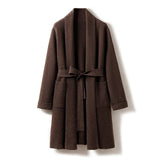 Womens Belted Shawl Collar Cashmere Coat Patch Pockets Long Cardigan Coffee XL