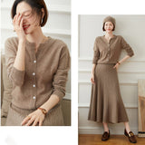 Womens Cashmere Cardigan Crew Neck Long Sleeve Cashmere Coat Ivory XS