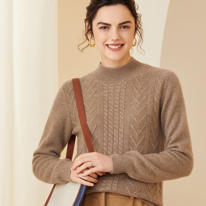 Womens Mock Neck Long Cashmere Sweater Tops Cashmere Blouse Taupe XS