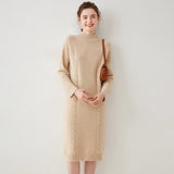 Womens Cashmere Cable Knit Midi Dress Long Sleeve Mock Neck Dress Beige XS