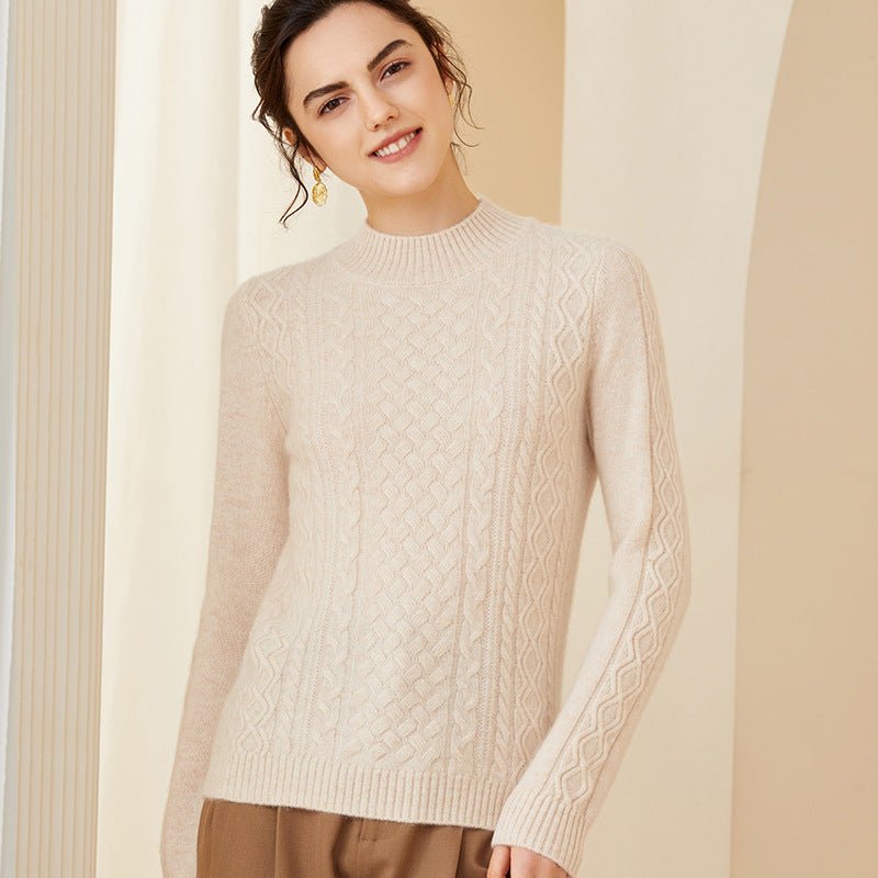 Womens Mock Neck Cashmere Sweater Cable - Knit Cashmere Pullover Ivory XS