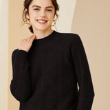 Womens Crew Neck Long Sleeve Cable Knit Cashmere Sweater Black XS