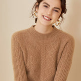 Womens Crew Neck Long Sleeve Cable Knit Cashmere Sweater Taupe XS