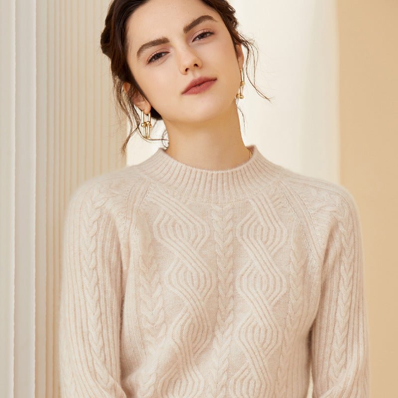 Womens Crew Neck Long Sleeve Cable Knit Cashmere Sweater Beige XS