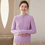 Women Cable Knit Cashmere Sweater Zip Collar Half Zip - up Cashmere Tops Purple XS
