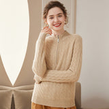 Women Cable Knit Cashmere Sweater Zip Collar Half Zip - up Cashmere Tops Beige XS