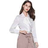 Silk Blouses for Women Bow Tie Neck Silk Button Down Shirt White XS