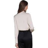 Silk Blouses for Women Bow Tie Neck Silk Button Down Shirt Beige XS