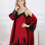 Women's Nightgown And Robe Set Sexy Silk Lace Sleepwear Red XS
