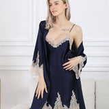 Women's Nightgown And Robe Set Sexy Silk Lace Sleepwear Navy Blue XS
