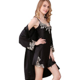 Women's 100% Pure Silk Nightgown And Robe Set With Lace Black XS