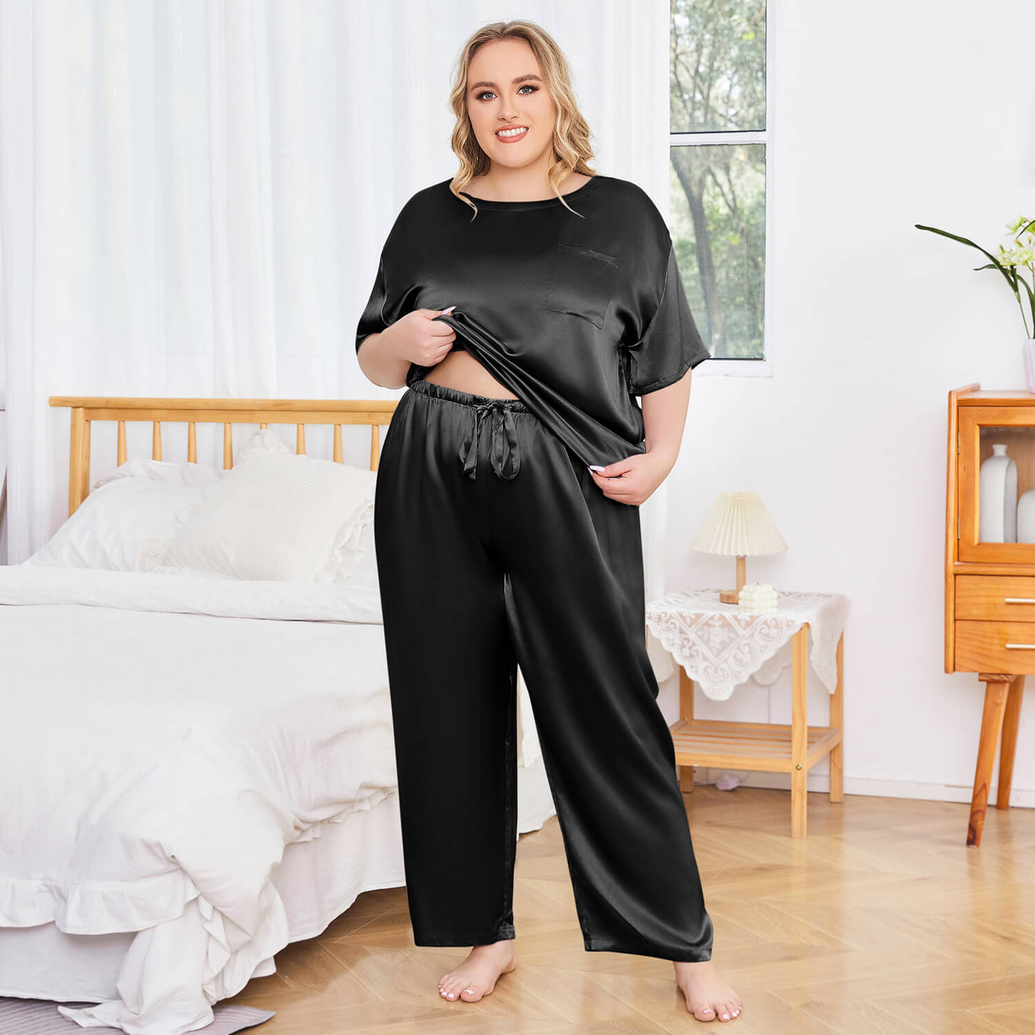 Women's Plus Size Silk Sleepwear Short Sleeve Silk Pajamas Black XS