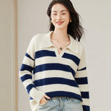 Womens Striped Polo Neck Cashmere Sweater V Neck Pullover Tops Navy Blue XS