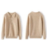 Womens Ribbed Cashmere Polo Sweater Button - Up Long Sleeves Sweater Beige XS