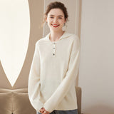 Women Polo Neck Cashmere Sweaters Long Sleeve Cashmere Blouse Pullover Ivory XS