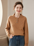 Women Polo Neck Cashmere Sweaters Long Sleeve Cashmere Blouse Pullover Camel XS