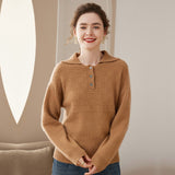 Women Polo Neck Cashmere Sweaters Long Sleeve Cashmere Blouse Pullover Camel XS