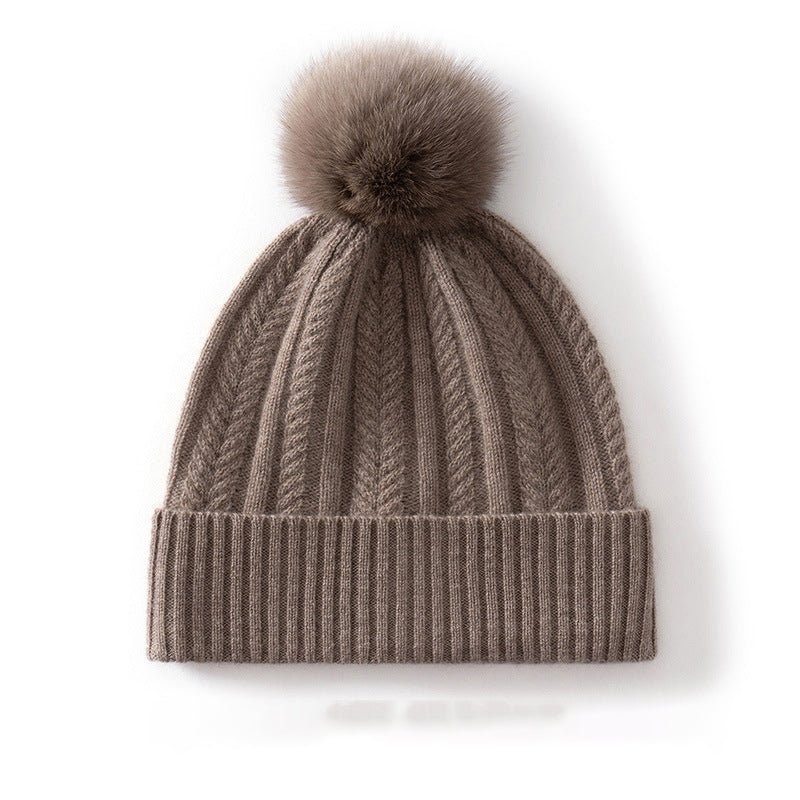 Womens Pom Cashmere Beanie Soft Rib Cashmere Knit Hat Fold Cuff Taupe M