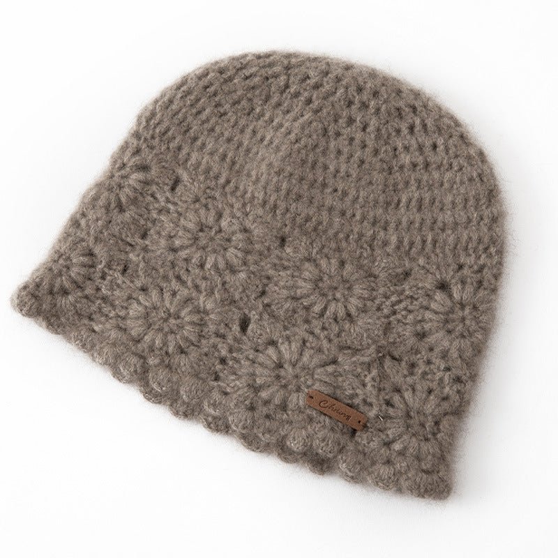 Womens Crocheted Cashmere Beanie Cashmere Flower Cloche Hat Taupe M