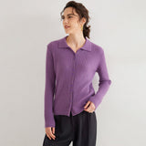 Womens Pure Cashmere Cardigan Cable Knit Button Front Polo Neck Cashmere Sweater Purple XS