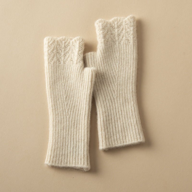 Women Fingerless Cashmere Half Finger Gloves Ribbed Knit Mittens Beige M