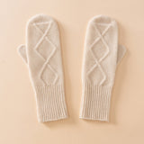 Womens Pure Cashmere Knit Mittens Cashmere Gloves with Diamond Pattern Beige M