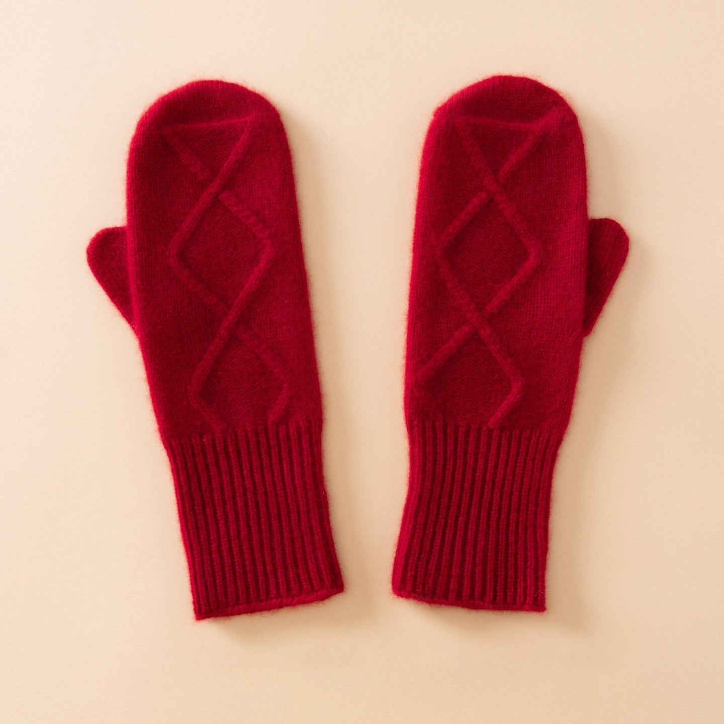 Womens Pure Cashmere Knit Mittens Cashmere Gloves with Diamond Pattern Claret M