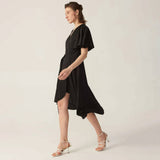 Womens Pure Silk Dress Short Sleeve Wrap Silk Midi Dresses Black XS