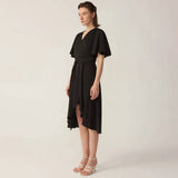 Womens Pure Silk Dress Short Sleeve Wrap Silk Midi Dresses Black XS