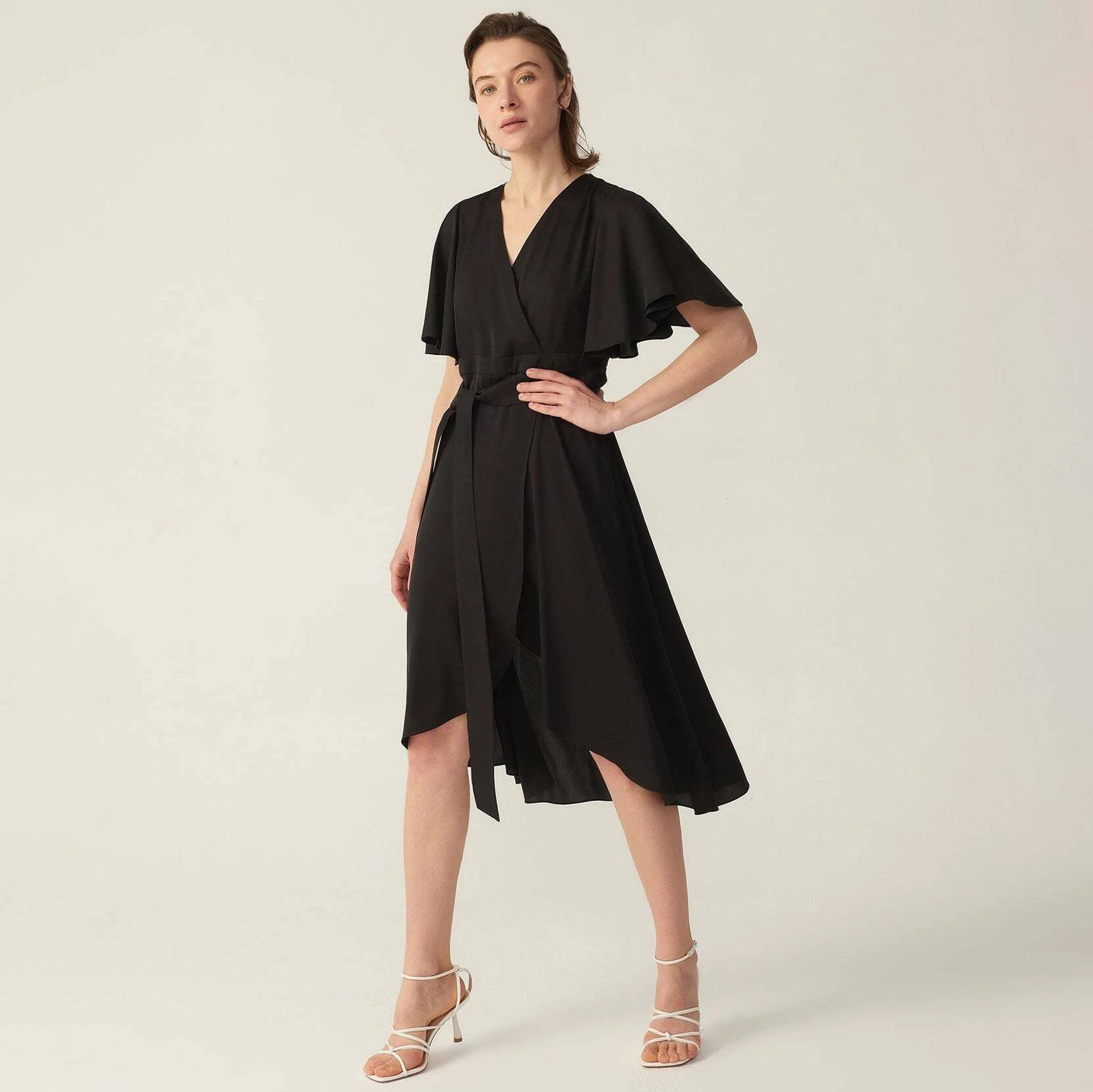 Womens Pure Silk Dress Short Sleeve Wrap Silk Midi Dresses Black XS