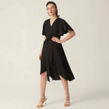 Womens Pure Silk Dress Short Sleeve Wrap Silk Midi Dresses Black XS