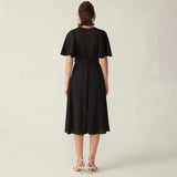 Womens Pure Silk Dress Short Sleeve Wrap Silk Midi Dresses Black XS